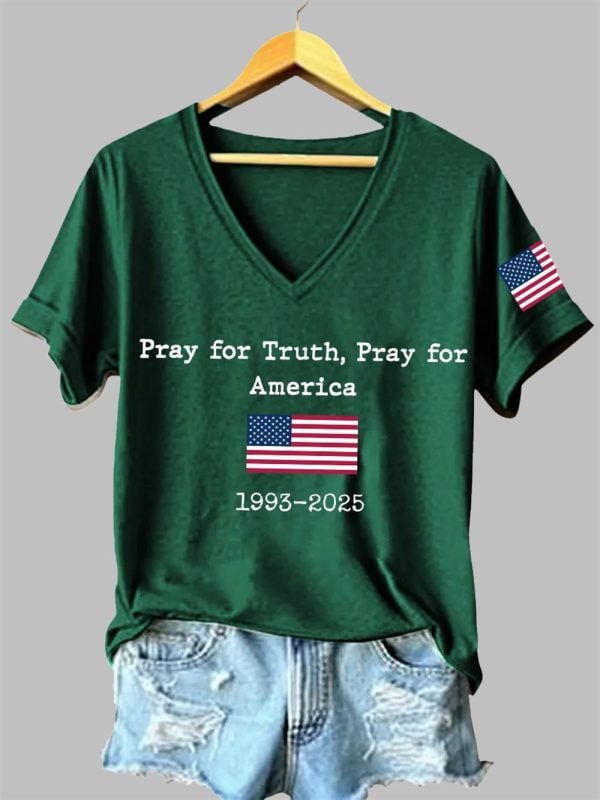 Womens Pray For Truth Pray For America Charlie Kirk Print V Neck T Shirt 3