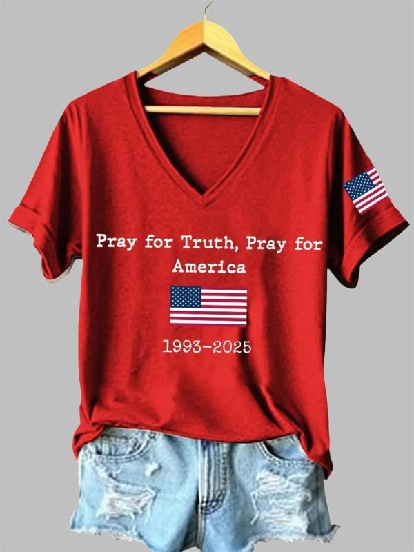 Womens Pray For Truth Pray For America Charlie Kirk Print V Neck T Shirt 4