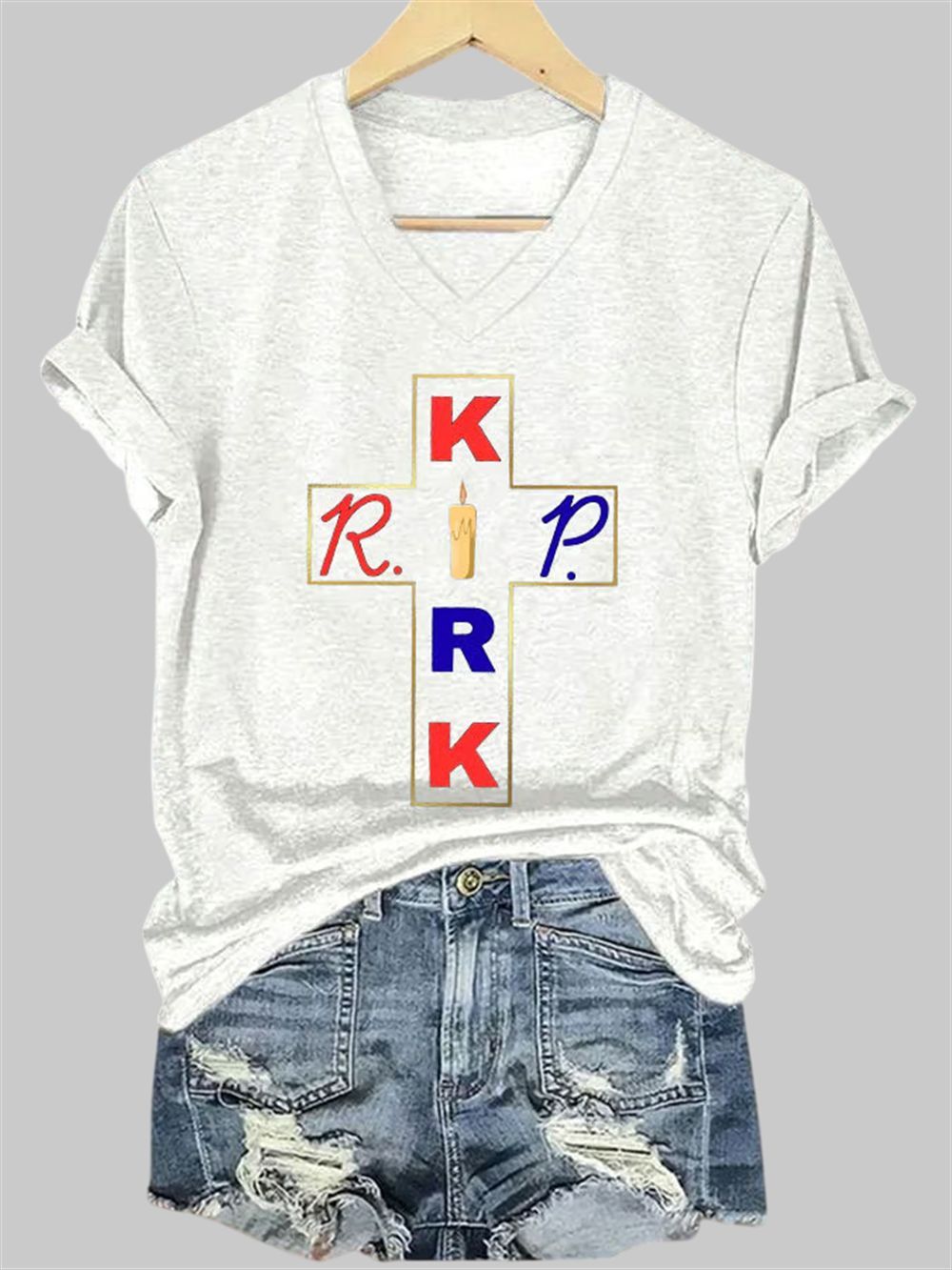 Women's RIP Charlie Kirk Print V-Neck T-Shirt Women's RIP Charlie Kirk Print V-Neck T-Shirt