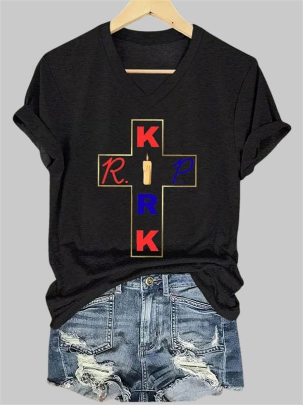 Womens RIP Charlie Kirk Print V Neck T Shirt 2