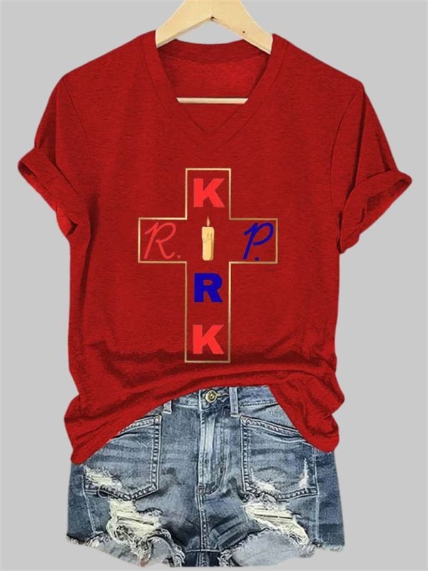 Womens RIP Charlie Kirk Print V Neck T Shirt 3