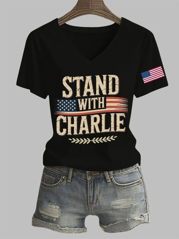 Womens Stand With Charlie Kirk Printed T shirt 2
