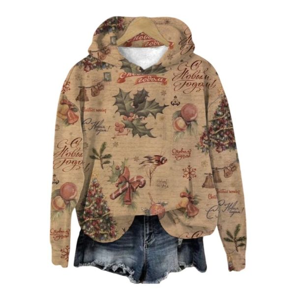 Womens Vintage Christmas Print Long Sleeve Hoodie 2025 Christmas 1 2