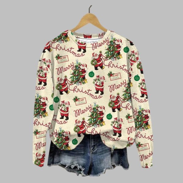 Women's Vintage Christmas Santa Print Sweatshirt 2025 Christmas