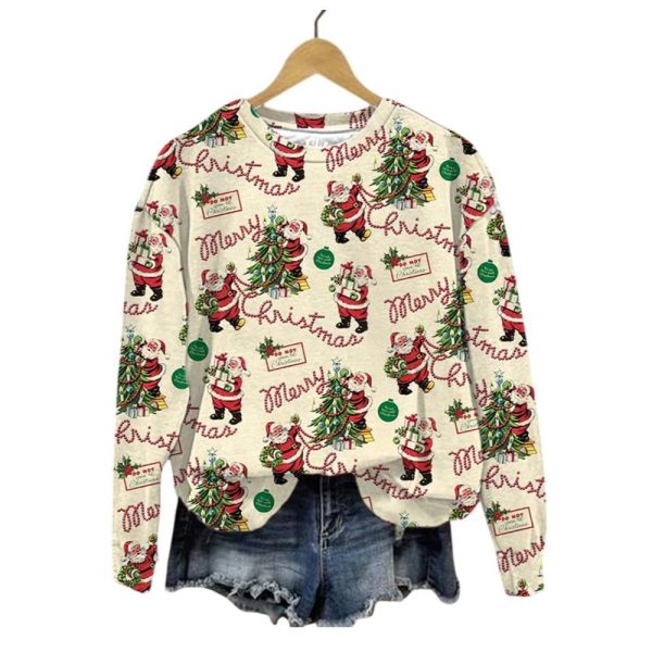 Womens Vintage Christmas Santa Print Sweatshirt 2025 Christmas 1 2
