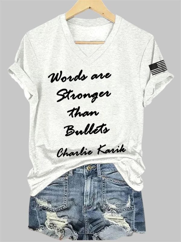 Womens Words Are Stronger Than Bullets Charlie Kirk V Neck T Shirt 2