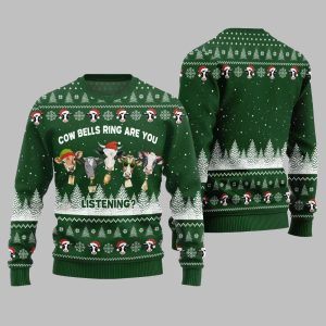 2025 Christmas Sleepy Cow Bells Ring Are You Listening Ugly Christmas Sweater 1