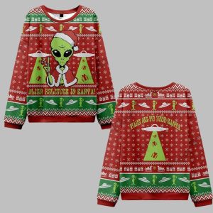 2025 Christmas Alien Believes in Santa Ugly Christmas Sweater 0