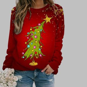 2025 Christmas Women's Tree Printed Round Neck Long Sleeve Sweatshirt