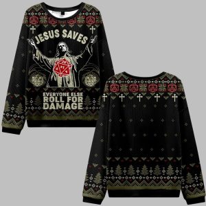 2025 Christmas Jesus Saves Everyone Else Roll for Damage Ugly Christmas Sweater 0