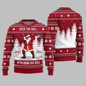 Deck The Hall Santa With Bowling Ball Ugly Sweater Christmas 2025 1