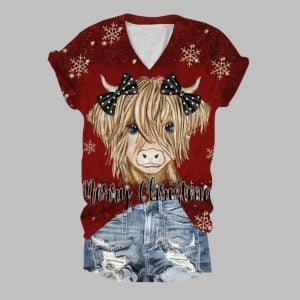 Women's Merry Christmas Cow Print Shirt 2025 Christmas