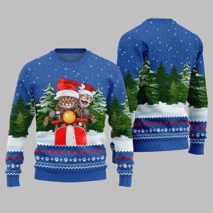 Cat Riding Motorcycle Ugly Sweater 2025 Christmas