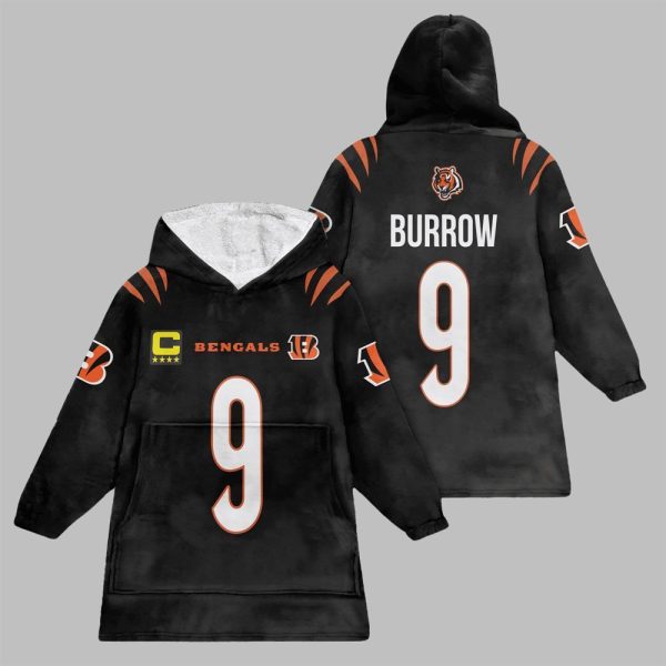 2025 Burrow 9 Captain Bengals Football Blanket Hoodie 1