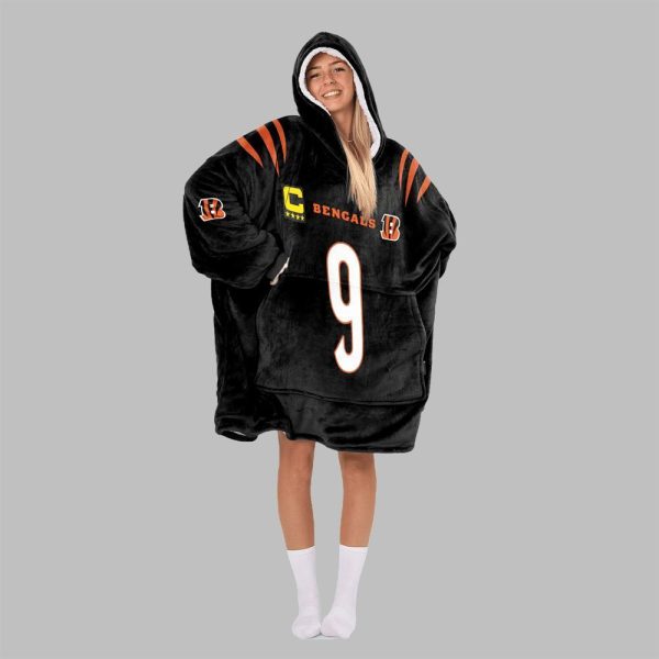 2025 Burrow 9 Captain Bengals Football Blanket Hoodie 3