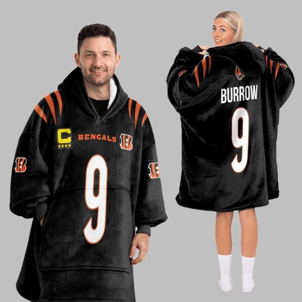 2025 Burrow 9 Captain Bengals Football Blanket Hoodie 4