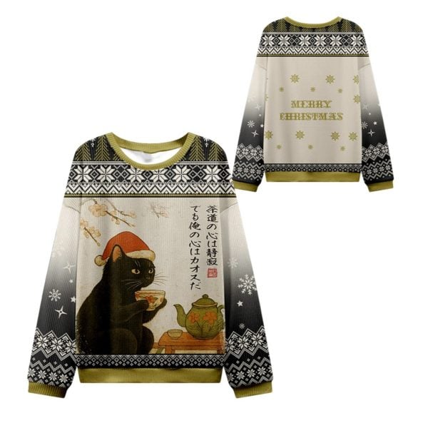 2025 Christmas Cat Drinking Tea Ugly Sweater 1 2