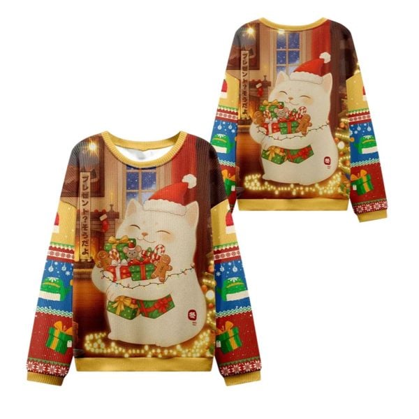 2025 Christmas Cat Holding Gift Ugly Christmas Sweater 1 2