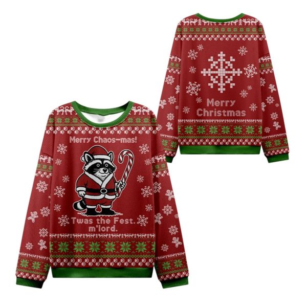 2025 Christmas Chaos mas Raccoon Samurai Ugly Sweater 1 2