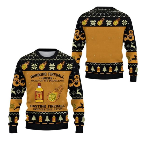 2025 Christmas DND Drinking Fireball Solves Most Of Problems Ugly Sweater 1 2