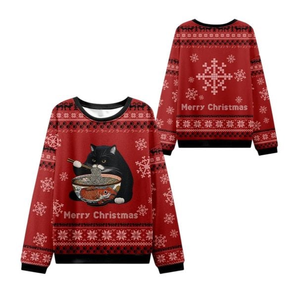 2025 Christmas Fat Cat Eating Ramen Ugly Sweater 1 2