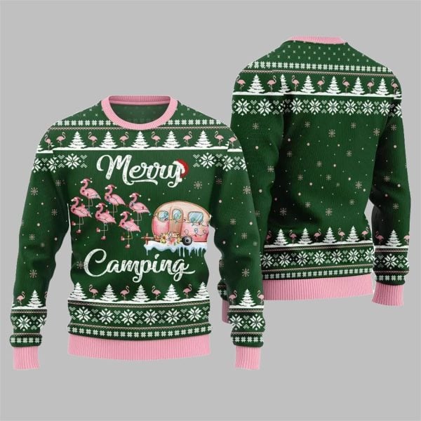2025 Christmas Merry Camping Flamingo Ugly Sweater