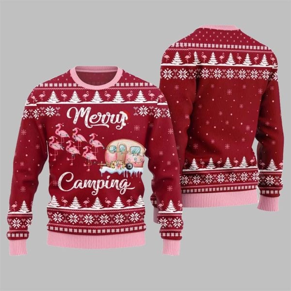 2025 Christmas Merry Camping Flamingo Ugly Christmas Sweater 2