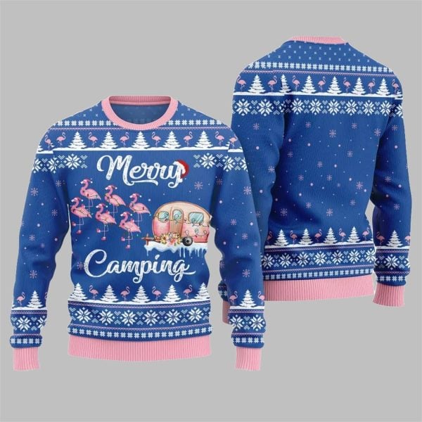 2025 Christmas Merry Camping Flamingo Ugly Christmas Sweater 3