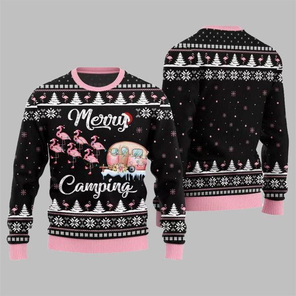 2025 Christmas Merry Camping Flamingo Ugly Christmas Sweater 4