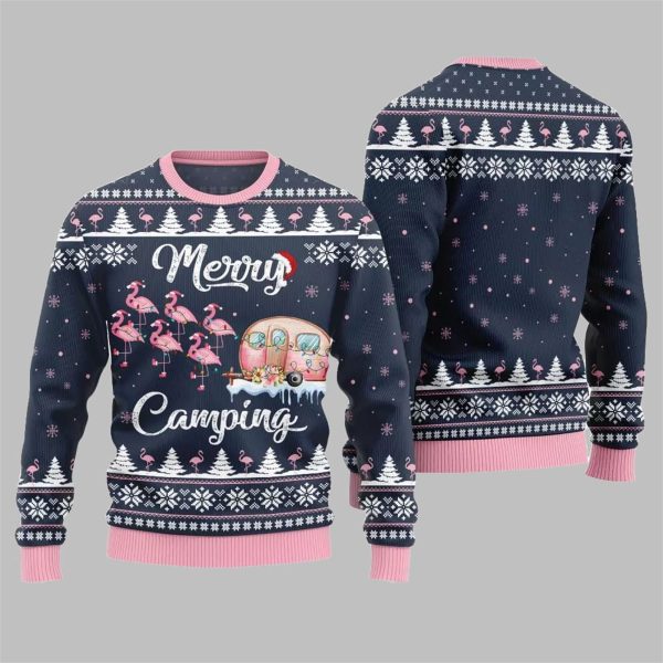 2025 Christmas Merry Camping Flamingo Ugly Christmas Sweater 5