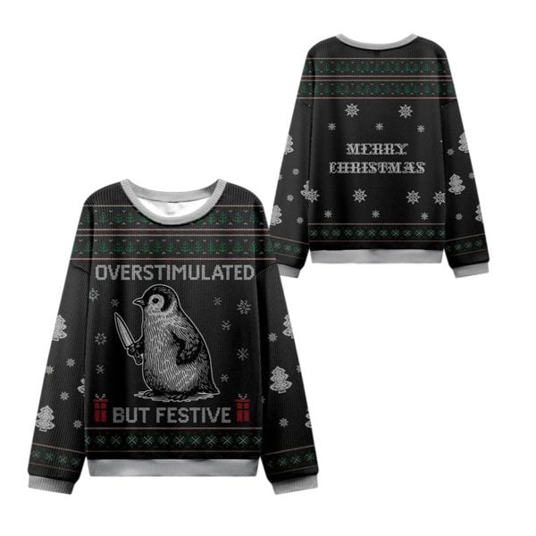 2025 Christmas Penguins Overstimulated Ugly Sweater 1 2