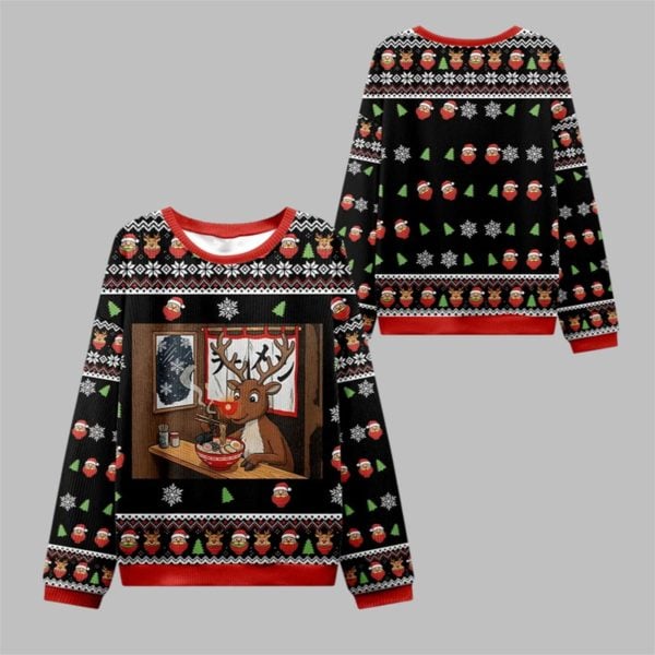 2025 Christmas Reindeer Eating Ramen Ugly Sweater