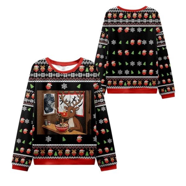 2025 Christmas Reindeer Eating Ramen Ugly Christmas Sweater 1 2