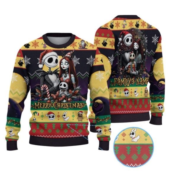 2025 Christmas Skeleton Family Nightmare Jack and Sally Ugly Sweater 1 2