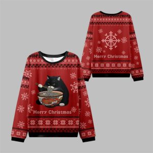 2025 Christmas Fat Cat Eating Ramen Ugly Sweater 1 1