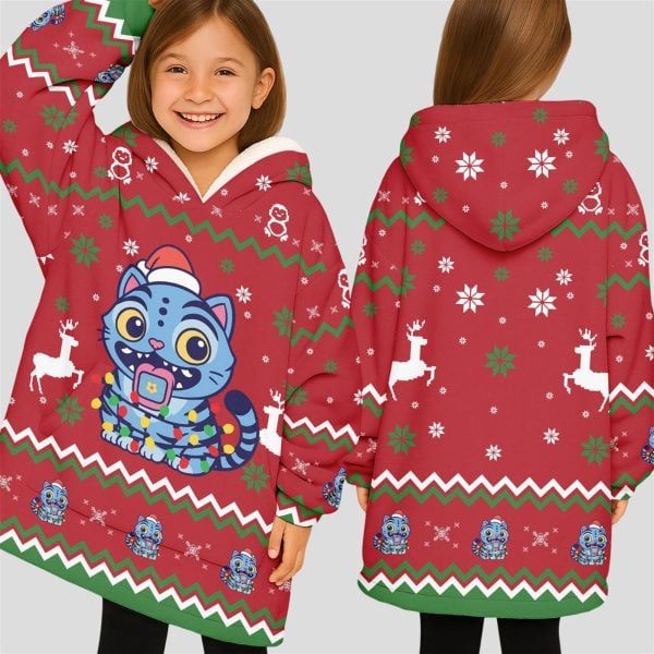 Blue Cat Ugly Christmas Hoodie Blanket 2