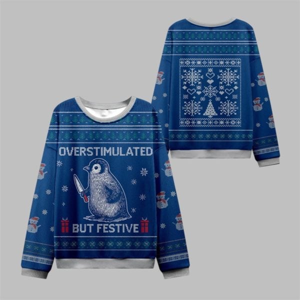 Penguin Overstimulated but Festive Ugly Sweater 2025 Christmas 1 1