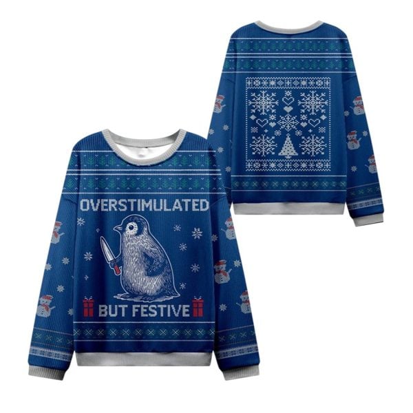 Penguin Overstimulated but Festive Ugly Sweater 2025 Christmas 1 2