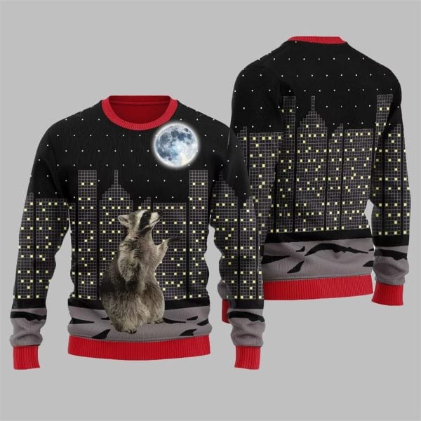 Raccoon Look At Moon Funny Ugly Sweater 2025 Christmas 2