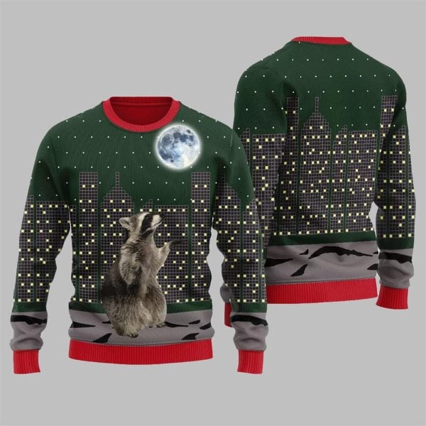 Raccoon Look At Moon Funny Ugly Sweater 2025 Christmas 3