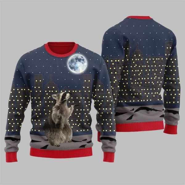 Raccoon Look At Moon Funny Ugly Sweater 2025 Christmas 4