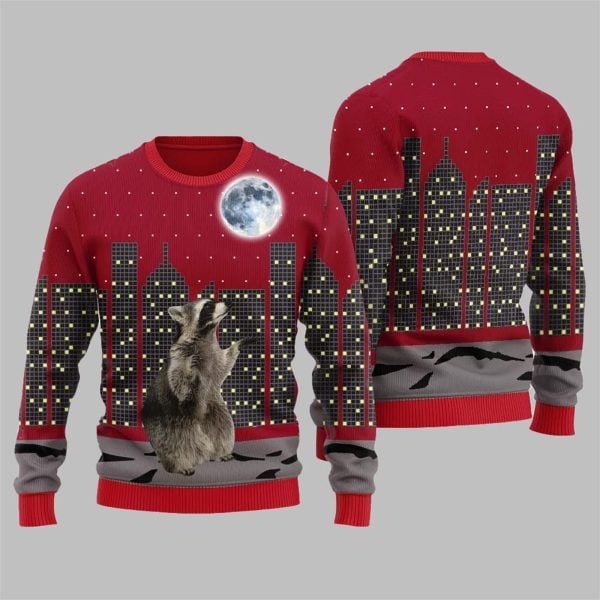 Raccoon Look At Moon Funny Ugly Sweater 2025 Christmas 5