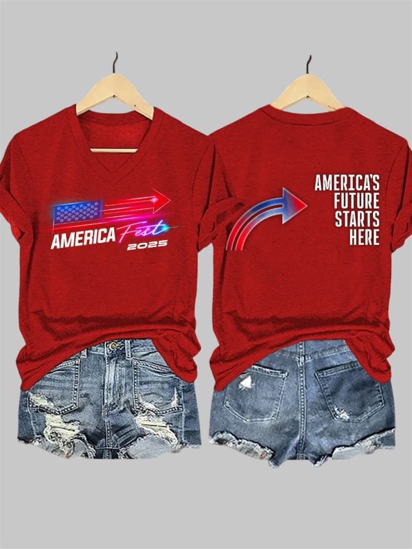 V-Neck Retro America Fest 2025 America's Future Starts Here Print T-Shirt