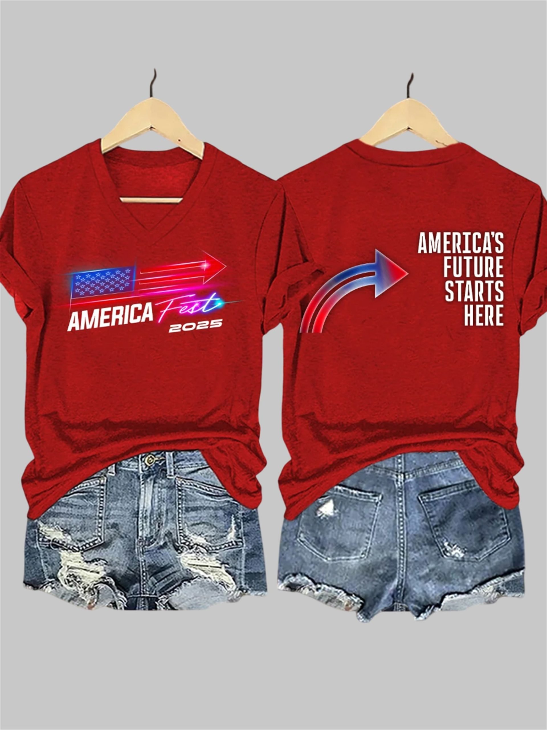 V-Neck Retro America Fest 2025 America's Future Starts Here Print T-Shirt V-Neck Retro America Fest 2025 America's Future Starts Here Print T-Shirt