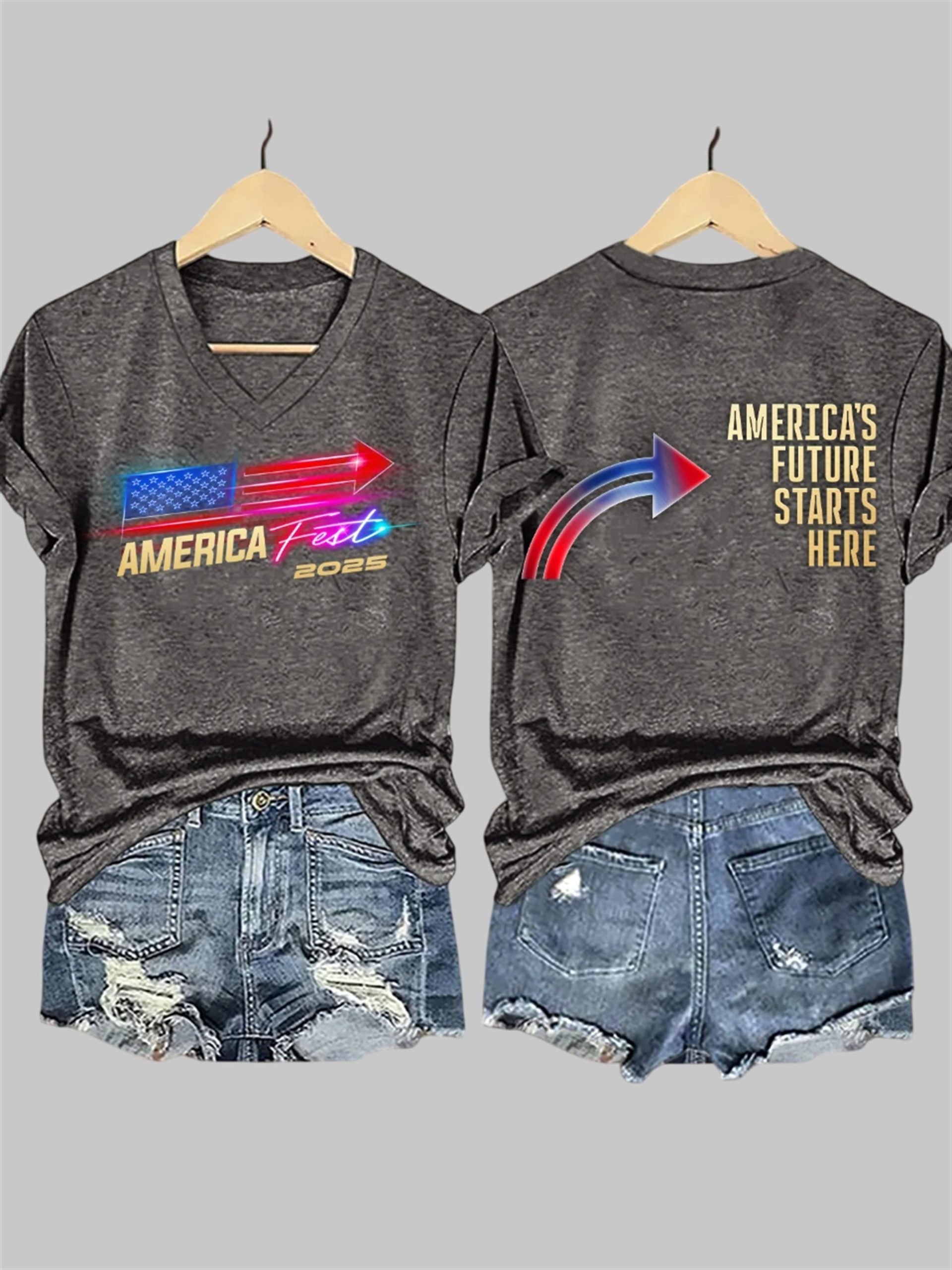 V-Neck Retro America Fest 2025 America's Future Starts Here Print T-Shirt 3 V Neck Retro America Fest 2025 Americas Future Starts Here Print T Shirt 3