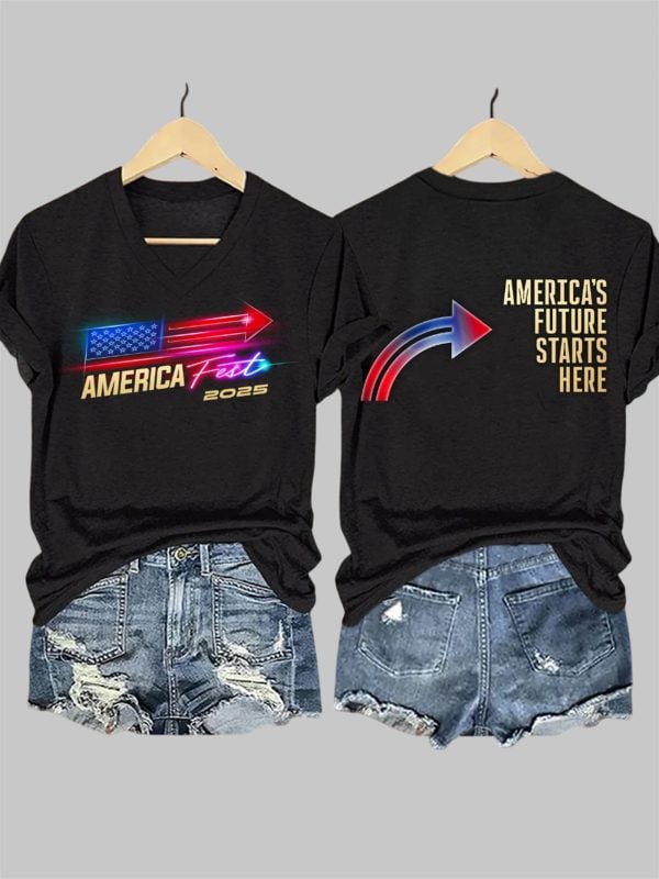 V Neck Retro America Fest 2025 Americas Future Starts Here Print T Shirt 4