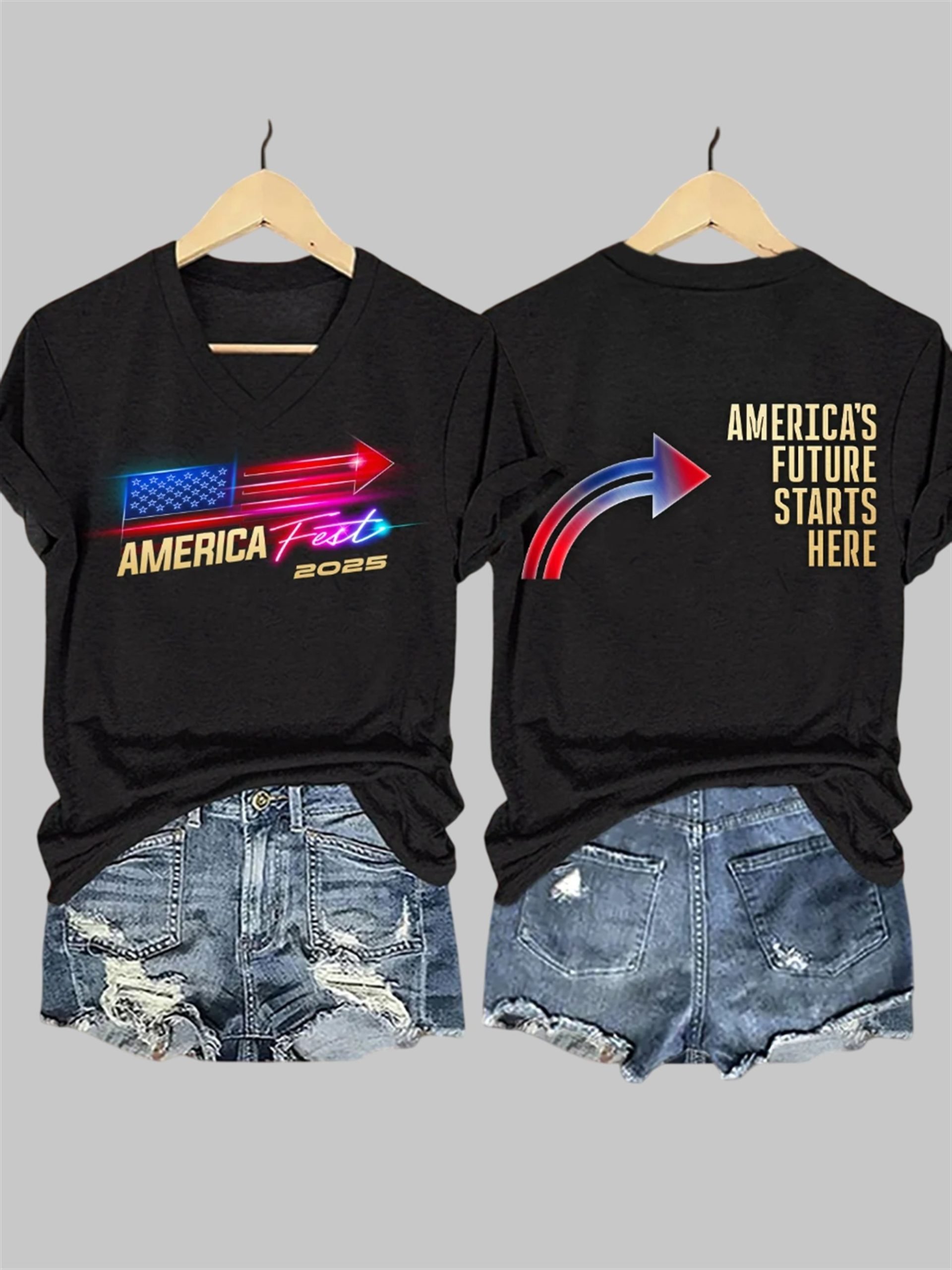 V-Neck Retro America Fest 2025 America's Future Starts Here Print T-Shirt 4 V Neck Retro America Fest 2025 Americas Future Starts Here Print T Shirt 4
