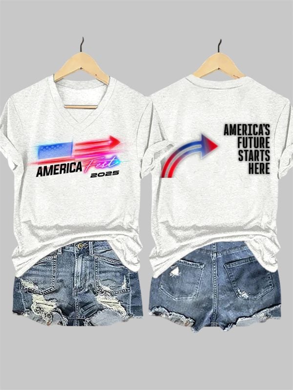 V Neck Retro America Fest 2025 Americas Future Starts Here Print T Shirt 5