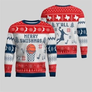 2025 Christmas Merry Swishmas Y'all Texas Basketball Ugly Sweater 1