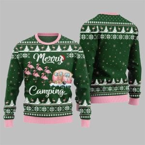 2025 Christmas Merry Camping Flamingo Ugly Sweater
